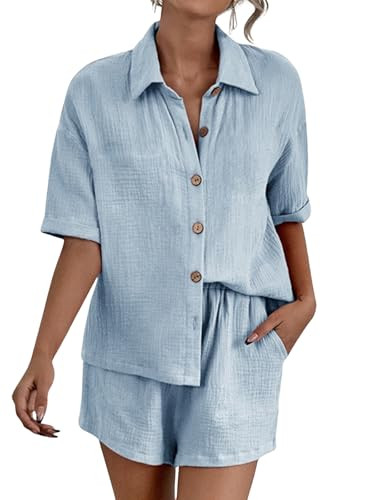 Women Casual Linen 2 Piece Outfits Button Down Short Sleeve Top And Shorts Pajama Lounge Beach Se... | Amazon (US)