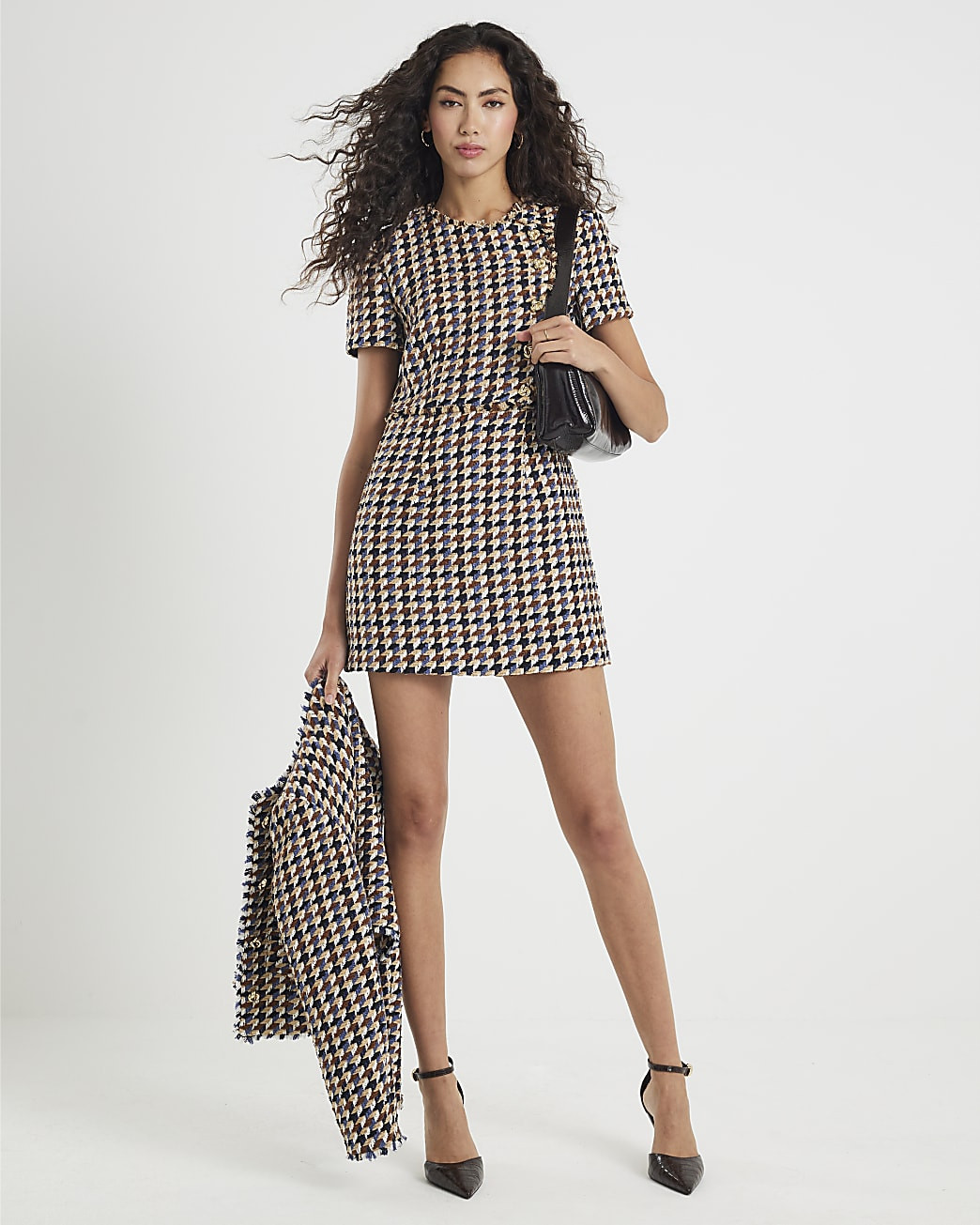 Brown Boucle Short Sleeve Check Mini Dress | River Island UK & IE