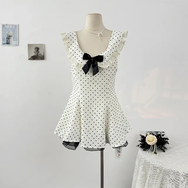 Lemongrass - Sleeveless Peter Pan Collar Dotted Bow Accent Lace Trim Mini A-Line Dress | YesStyle.com