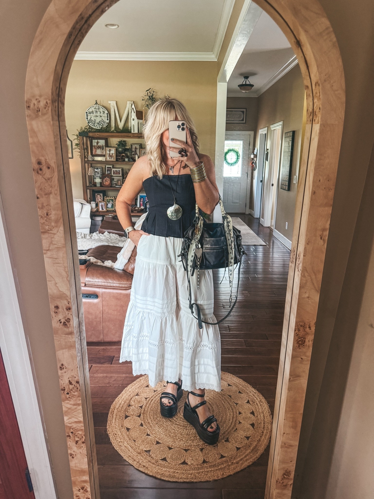 Love this fit! This top is so good ordered it in every color! These pants are adorable and obsessed with this shell necklace! Sandals run true to size. I’m in a medium in top and pants. 
✨MAMA necklace & earrings are @Three Bird Nest save w/ MANDIE20MAULDIN if not on sale.

#LTKootd #LTKgrwm #LTKOver40