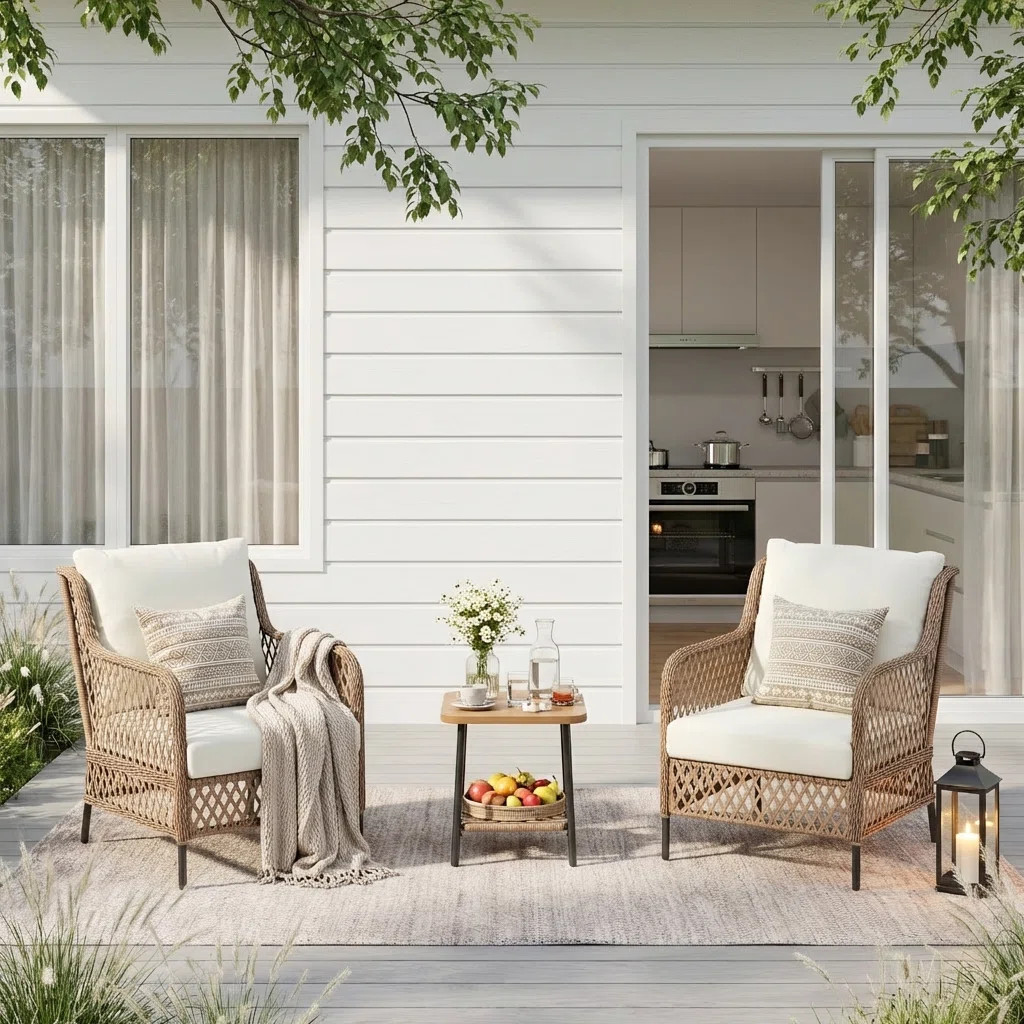 2-Person Outdoor Patio High Back Conversation Set with Wood-Grain Coffee Table & Cushions | Wayfair North America