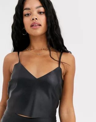 Pull&Bear faux leather crop cami top in black | ASOS US