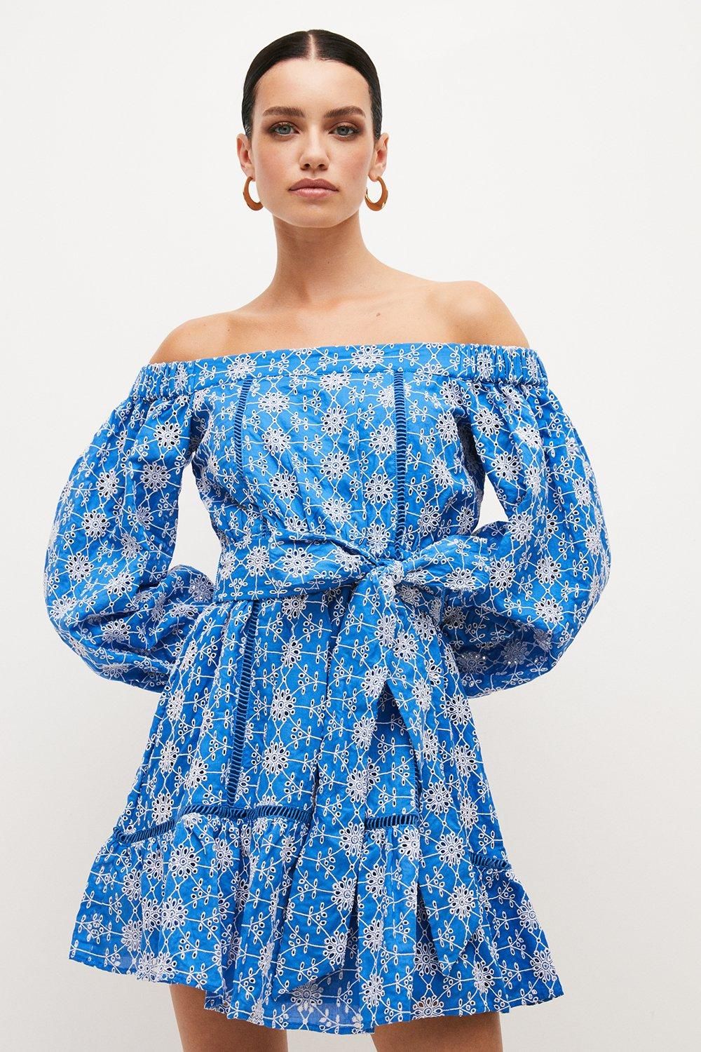 Petite Contrast Cotton Broderie Bardot Mini Dress | Karen Millen UK & IE