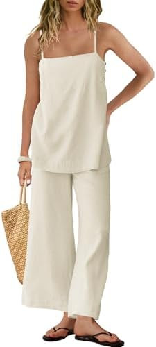 Panadila 2 Piece Linen Set Summer Travel Beach Vacation Outfit Sexy Spaghetti Strap Tank Top and ... | Amazon (US)