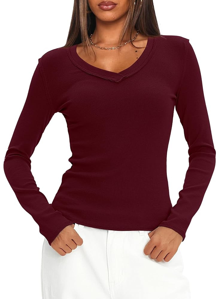 Darong Long Sleeve Tshirts for Women Fall Fashion V Neck Basics Crop Tops Slim Fitted Y2K Tops Ri... | Amazon (US)