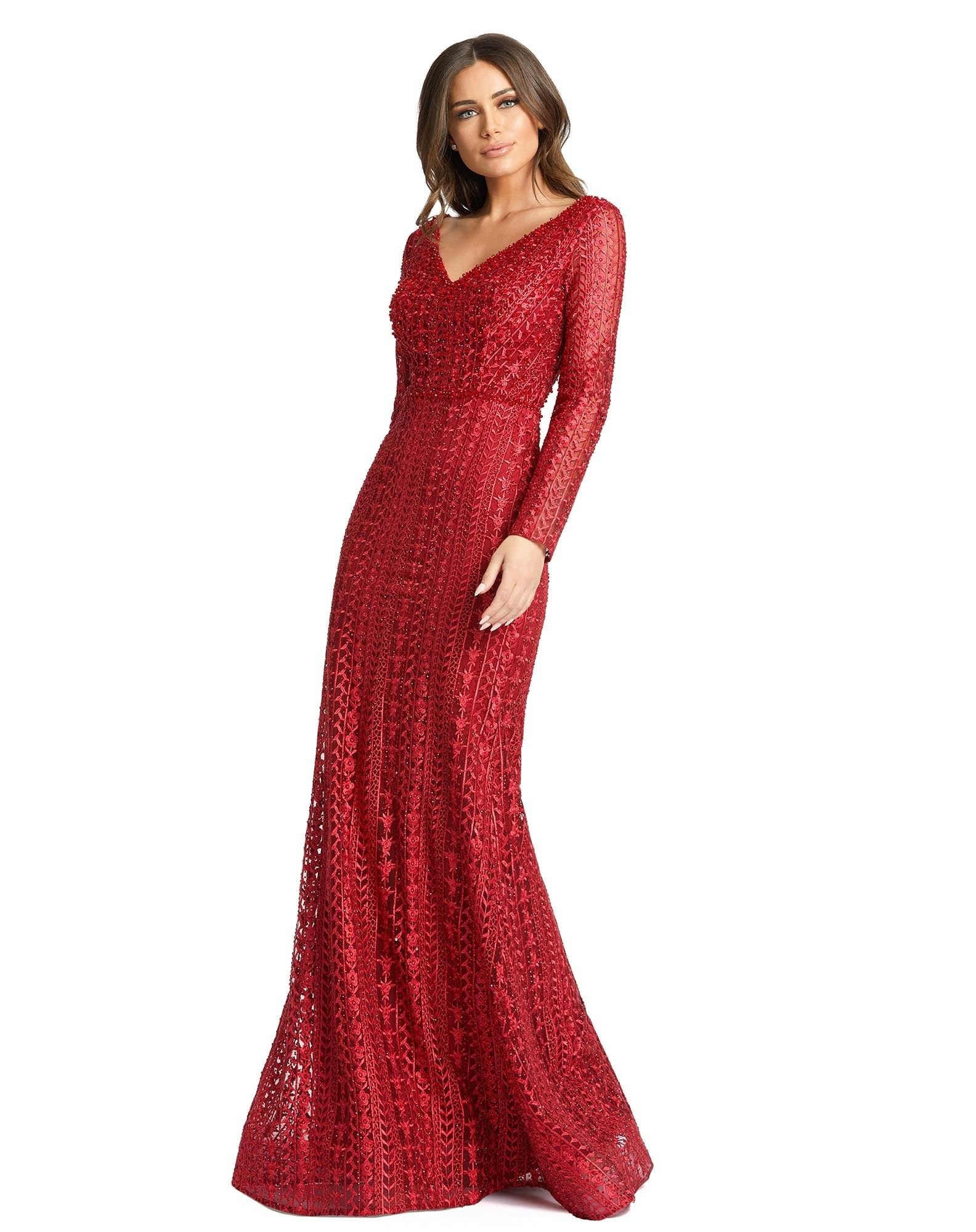 Embroidered Long Sleeve V Neck Trumpet Gown | Mac Duggal