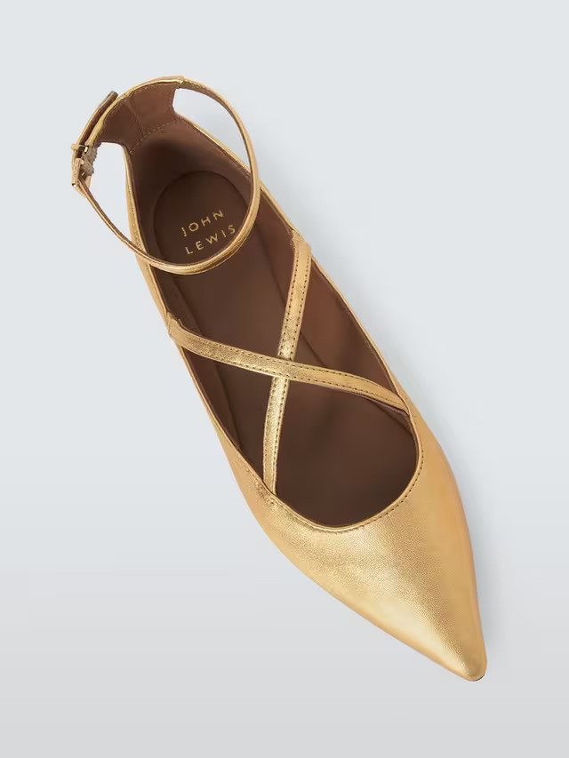 John LewisHyacinth Leather Cross Strap Pointed Toe Ballerina Pumps, Gold | John Lewis (UK)