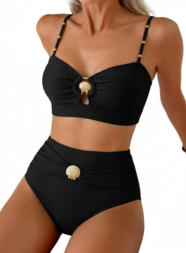 Herseas Women 2 Piece Bikini Sets Seashell Ring Swimsuit High Waisted Cutout 2026 Beach Summer Sw... | Amazon (US)
