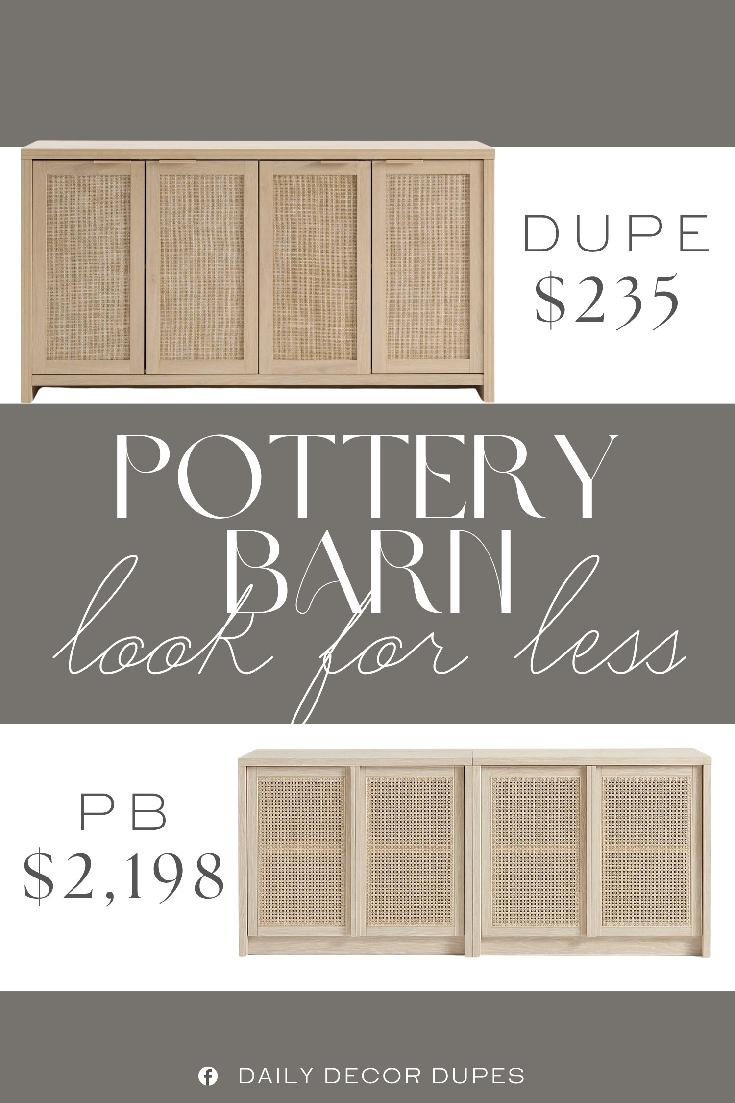 The Pottery Barn Marina Cane Storage Cabinet Console combines a warm wood finish with woven cane door panels and a streamlined silhouette for a relaxed yet refined look. The spacious cabinet design makes it ideal for organizing dining essentials, serving pieces, books, or everyday clutter while adding texture to a living room, dining room, entryway, or hallway. At around $235 compared with the $2,198 designer version shown, this style makes it easier to bring a sophisticated cane storage look home at a more approachable price. 🪵✨🏡

Home more affordable option find similar look for less budget friendly affordable cheap cheaper beautiful pretty. Clearance sale coupon code discount code promo code luxury Inspo inspiration inspired by idea ideas Love like these? I share multiple every day in my FB group.
#PotteryBarnInspired #MarinaCaneCabinet #CaneStorageCabinet #CaneConsole #WovenCaneFurniture #StorageConsole #WoodFurniture #DiningRoomFurniture 

 #LTKHome