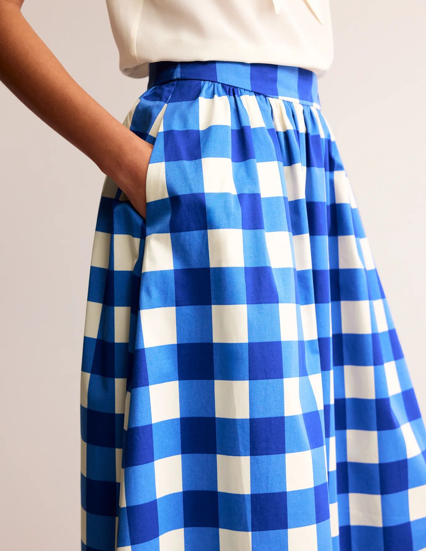 Layla Cotton Sateen Skirt - Nautical blue, Ivory Gingham | Boden US | Boden (US)