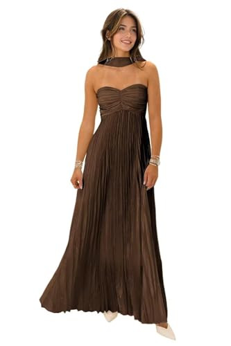 Amazon.com: WENKAFO Strapless Long Bridesmaid Dresses for Women Formal Yellow Pleated Chiffon Eve... | Amazon (US)
