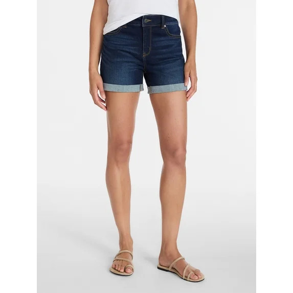 Time and Tru Women's Mid Rise Roll Cuff Denim Shorts, 4" Inseam, Sizes 0-20 | Walmart (US)