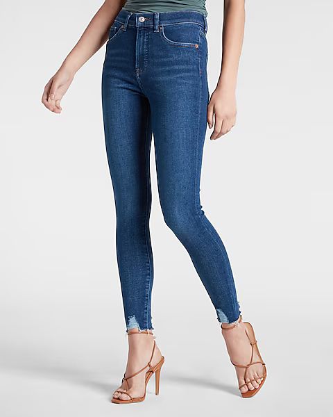 High Waisted Medium Wash Ripped Hem Skinny Jeans | Express