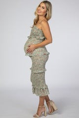 Light Olive Floral Chiffon Smocked Fitted Maternity Midi Dress | PinkBlush Maternity