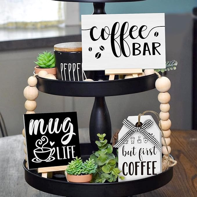 Huray Rayho Coffee Bar Tiered Tray Decor Signs Set of 3, 3D Raised Wood Block with Buffalo Plaid ... | Amazon (US)