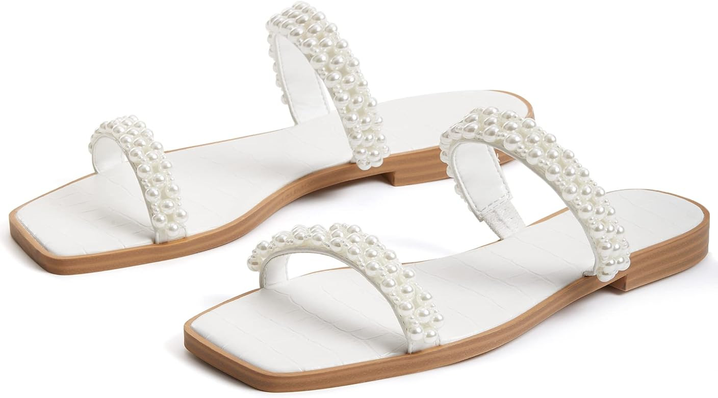 Coutgo Womens Flat Sandals Square Open Toe Pearl Two Strap Slip On Beach Slide Dressy Sandal | Amazon (US)