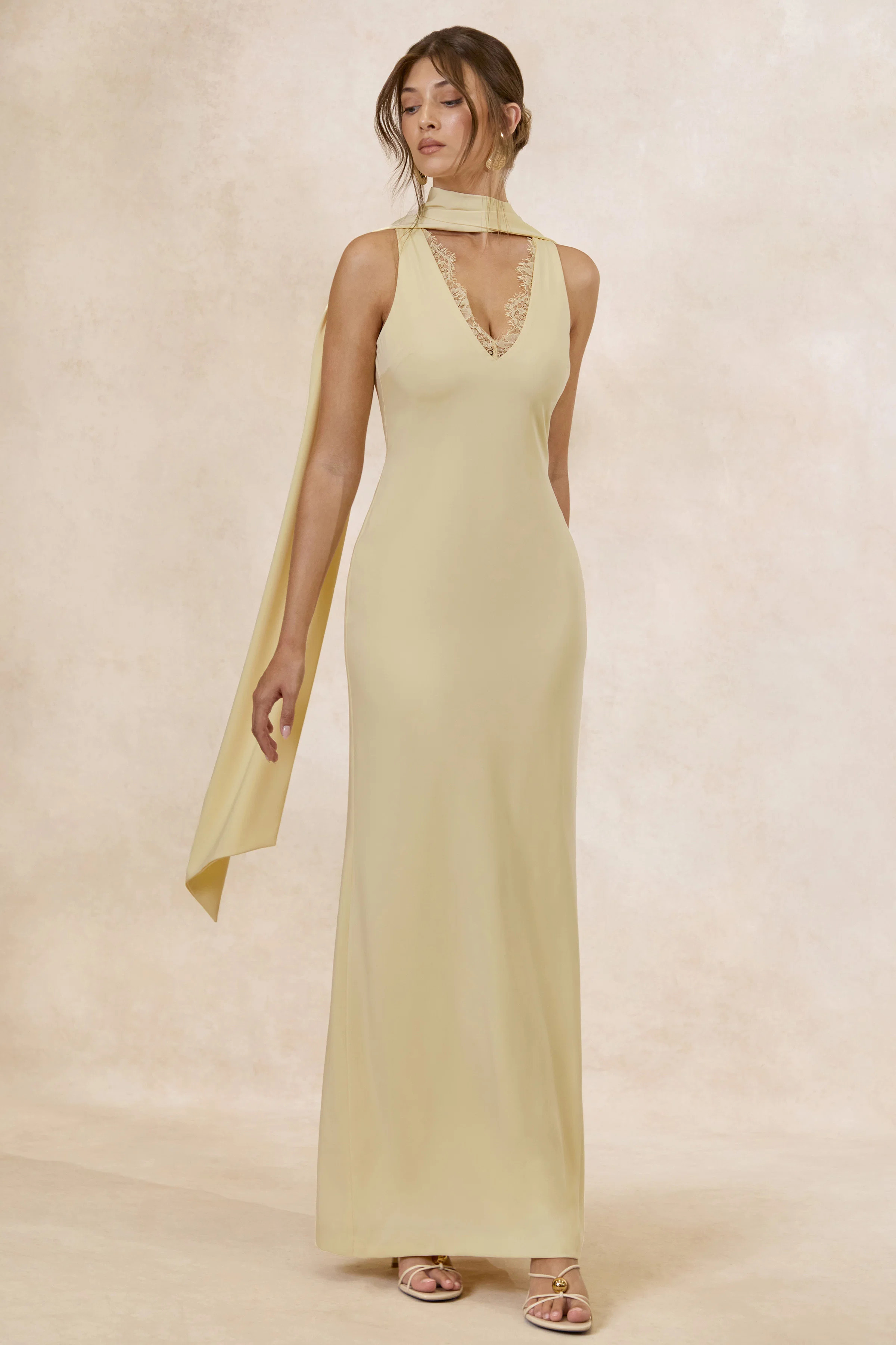 True Icon | Lemon Satin High-Neck Maxi Slip Dress With Sash | Club L London
