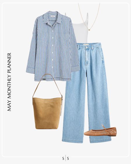 Monthly outfit planner: MAY: Spring looks | trouser jean, striped button up, leather bucket tote, bodysuit, woven flats 

See the entire calendar on thesarahstories.com ✨ 

#LTKstyletip