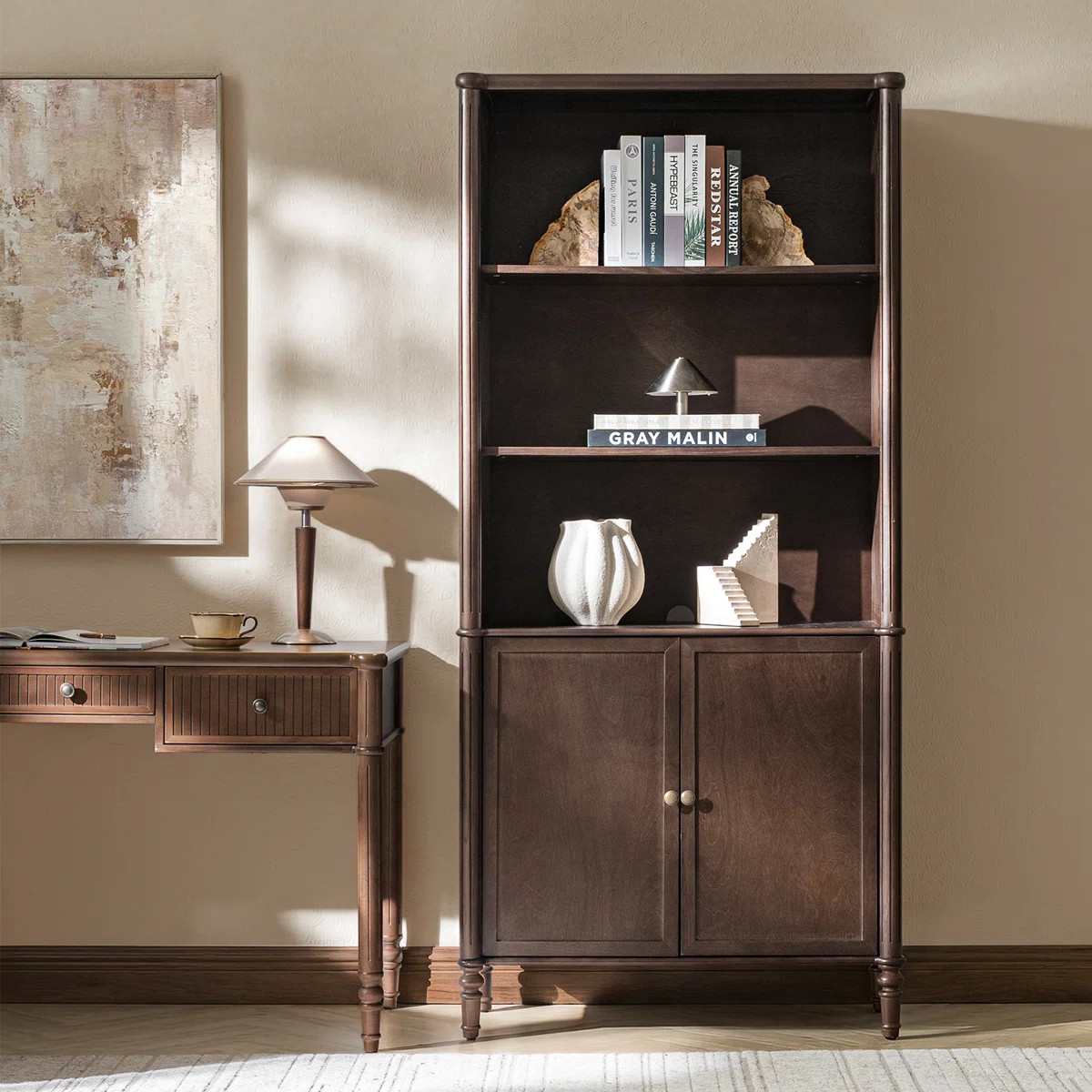 Hoai Derk Transitional 76"H Solid Wood 5-Tier Storage Cabinet Bookcase with Cable Management | Wayfair North America