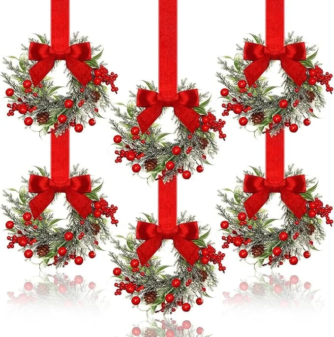6 Pcs 6" Christmas Wreath Mini Cabinet Wreaths for Kitchen with Ribbon Bows Red Berry Small Windo... | Walmart (US)