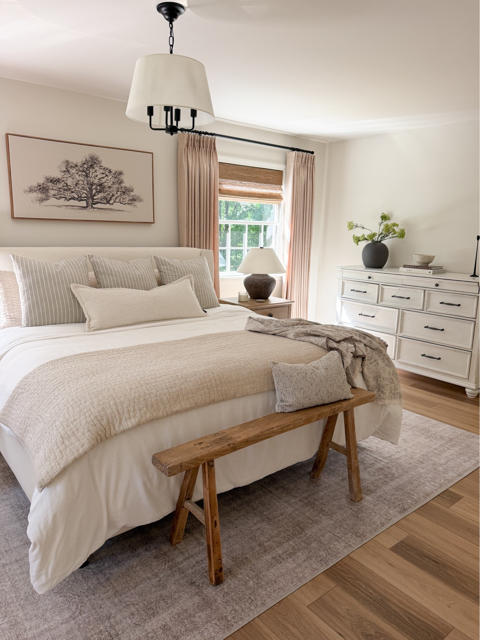 Fresh neutral inspired master bedroom for spring and summer. Layered with linen, cotton and all the light feeling fabrics