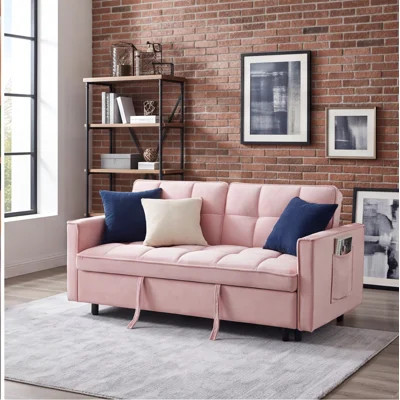 Pink Velvet 3-in-1 Convertible Loveseat Sofa Bed with Pillows and Storage Pockets | Wayfair North America