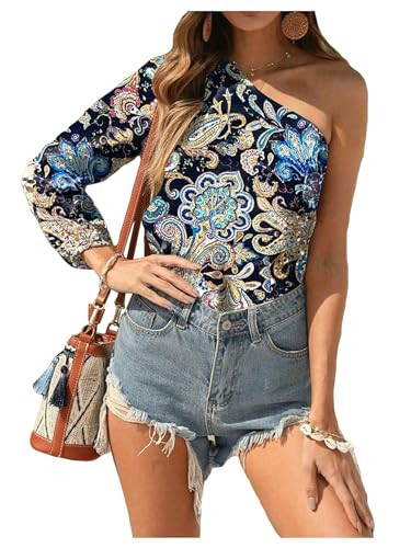 Floerns Women's Boho One Shoulder Vintage Floral Print Long Sleeve Blouse Top Royal Blue Small | Amazon (US)