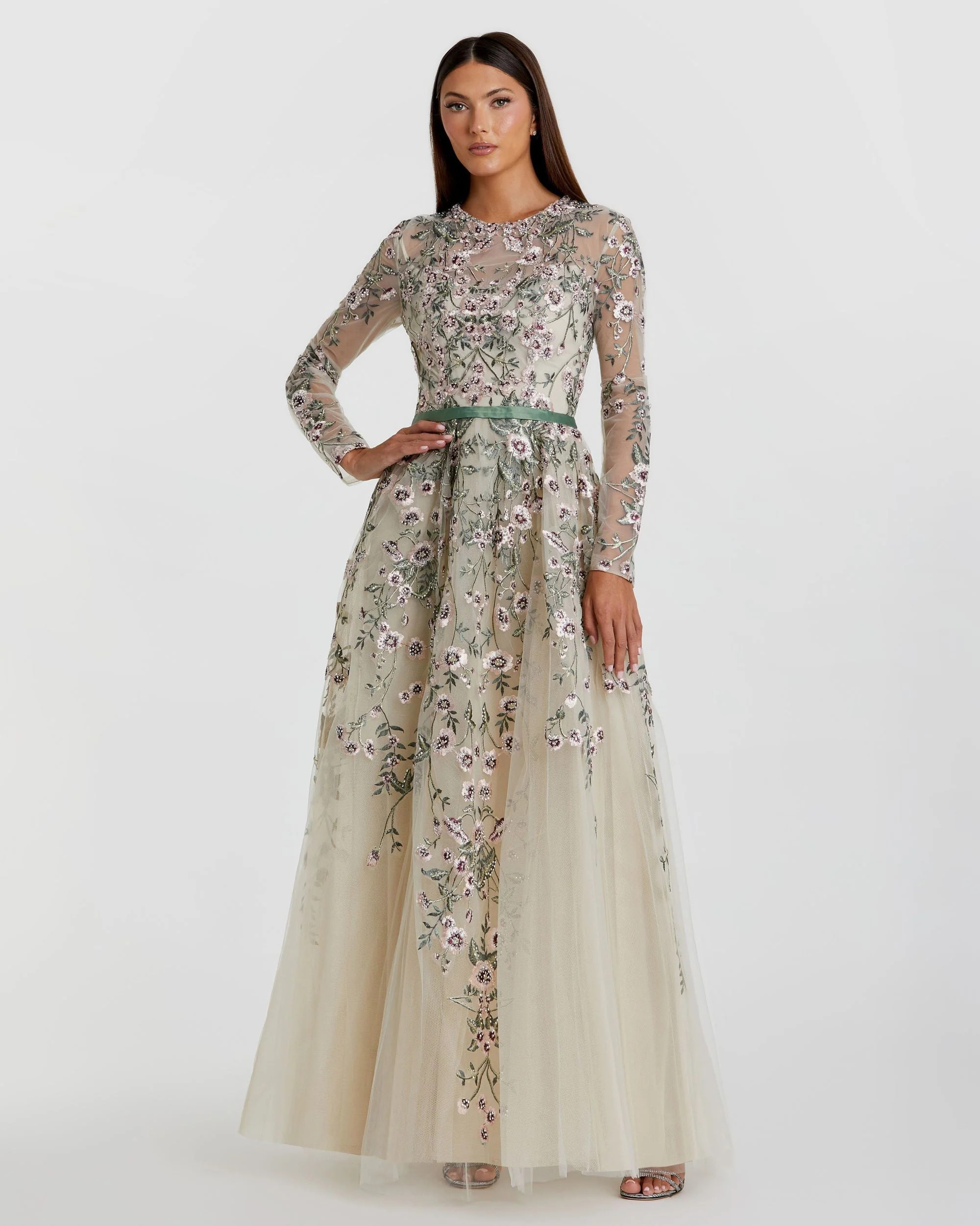 Ivory Long Sleeve Floral Embellished A-Line Gown | Mac Duggal | Mac Duggal