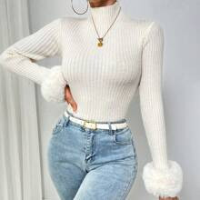 Women Solid Color Crew Neck Long Sleeve Patchwork Fuzzy Cuff Sweater, Fashion Pullover For Autumn/Winter | SHEIN