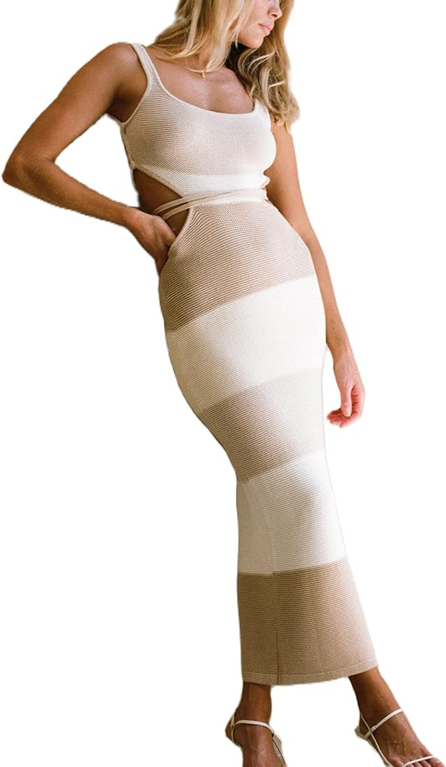 NUFIWI Women Backless Hollow Out Long Dress Sexy Tube Top Maxi Dress Bodycon Spaghetti Strap Cock... | Amazon (US)