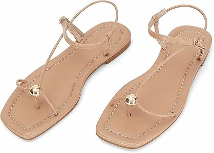 Black Strappy Flat Sandals for Women Comfortable Open Square Toe Sandals Dressy Beach Thong Flip ... | Amazon (US)