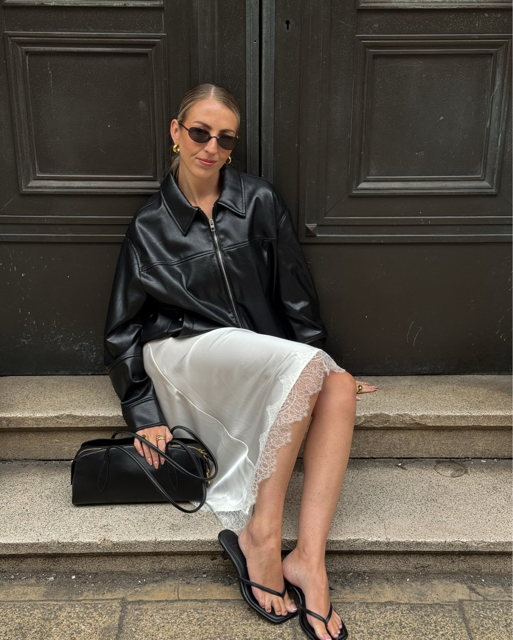 Lace skirt & leather jacket combo 🖤🕊️ 
I wear a size S in the jacket & skirt 

Satin skirt, transitional outfits, black bag, bomber jacket, black sunglasses 

#LTKdatenight #LTKautumn #LTKstyletip