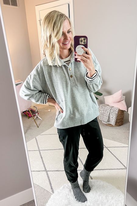 What I wore today on a rainy day! I kept it cozy with this Henley sweatshirt and added at striped T-shirt underneath to add a pop of print! Sizing details ➡️ Sweatshirt- small || shirt- small | joggers- old, linked a similar pair  

#LTKfindsunder50 #LTKstyletip #LTKSeasonal