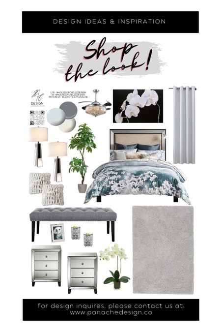 Modern bedroom | home decor concept board | bed, nightstand, bed bench, rug, side tables, side chair, nightstand lamps, table lamps, chandelier, ceiling fan, ceiling light, floor lamp, faux plants, vases, mirror, artwork, pillows, bedding, curtains, window treatments, picture frames, candle holders.

#LTKhome
