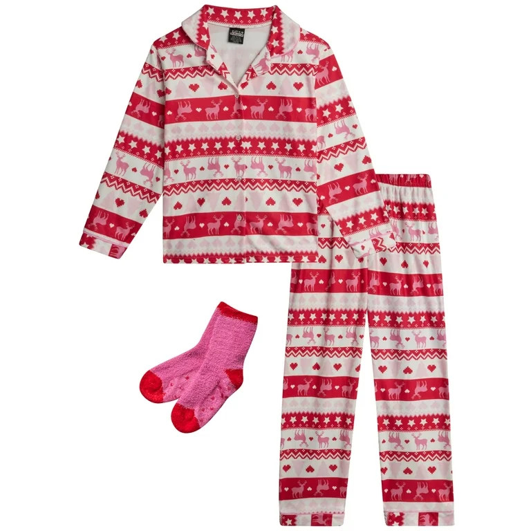PJ's & Presents Girls' Christmas Pajamas - 2-Piece Flannel Christmas Pajama with Matching Socks (... | Walmart (US)