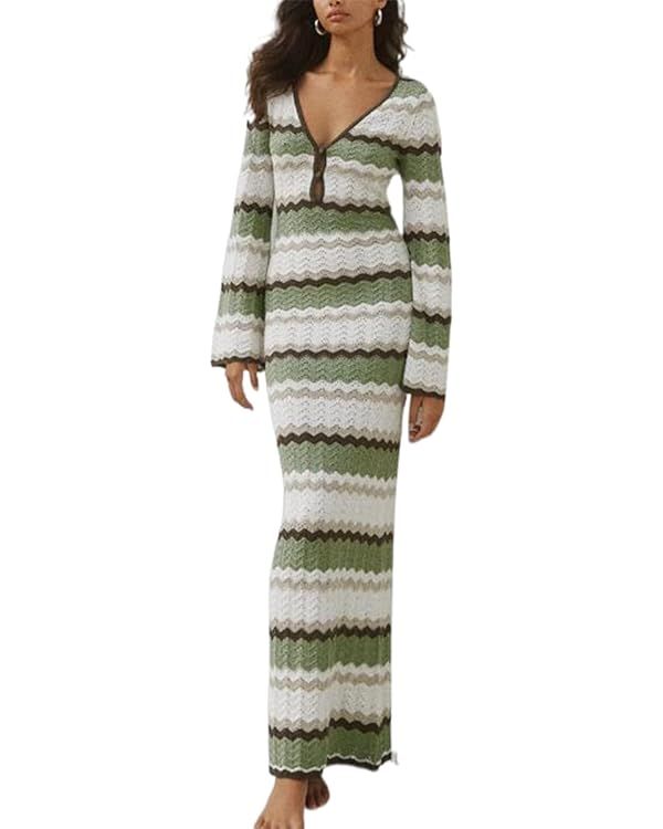 Women Vintage Crochet Slim Dress Knit Fishtail Long Dress Y2k Flare Sleeve Bodycon Fit Backless M... | Amazon (US)