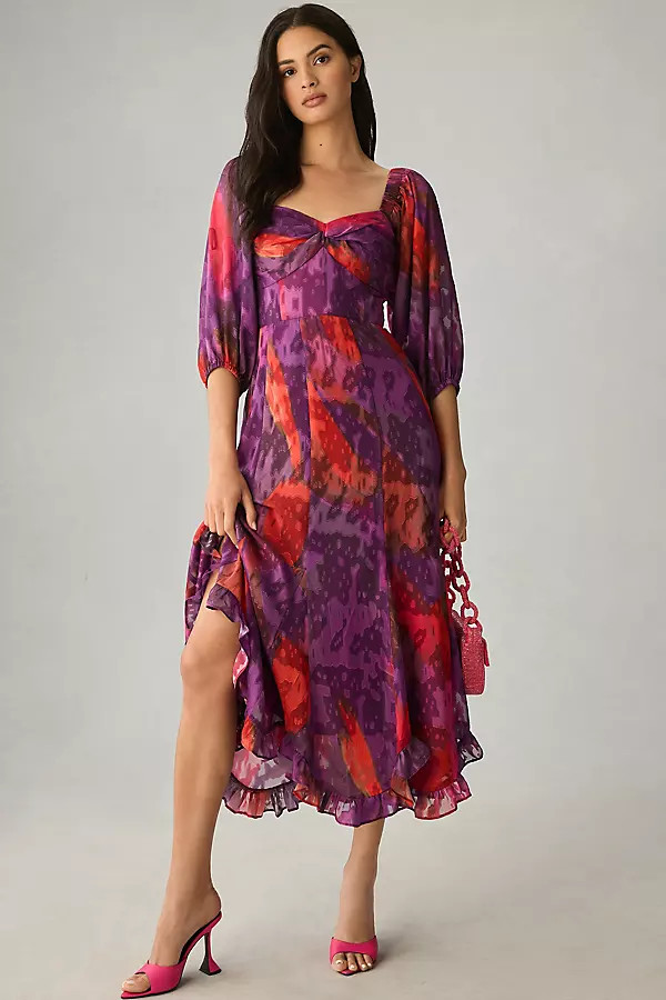 Hutch Printed Twist-Front Puff-Sleeve Ruffle-Hem Dress | Anthropologie (US)