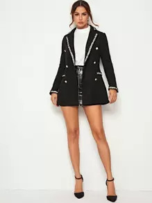 SHEIN Contrast Trim Pearl Beaded Tweed Blazer | SHEIN