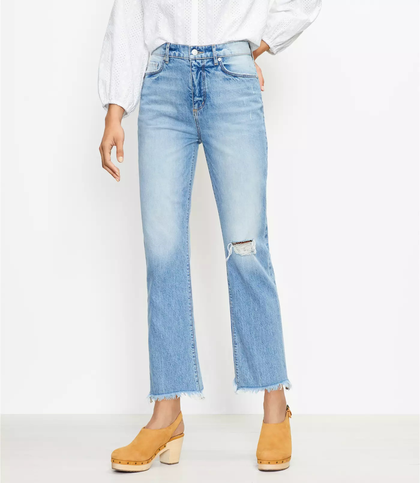 Frayed High Rise Straight Crop Jeans in Staple Dark Indigo Wash | LOFT
