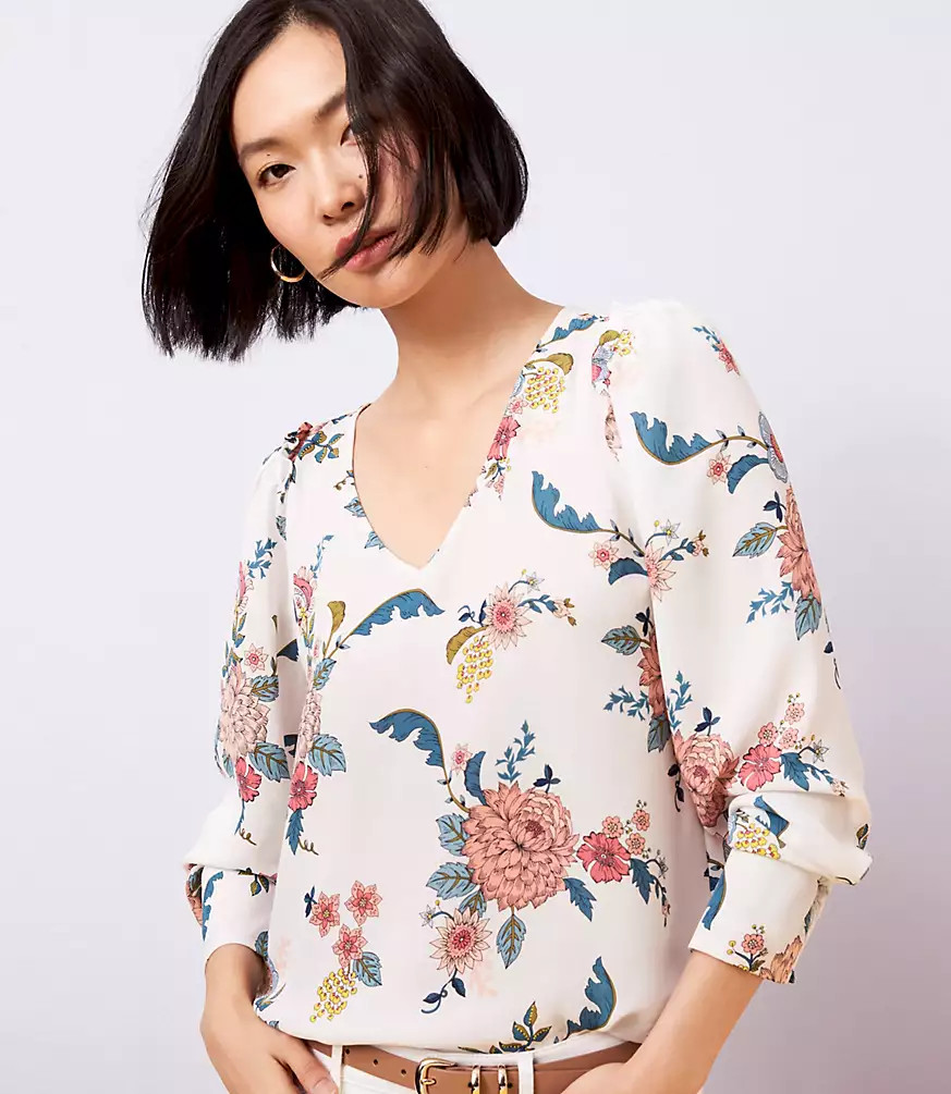 Floral V-Neck Puff Sleeve Blouse | LOFT | LOFT