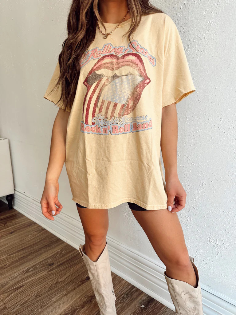 Pale Yellow Rolling Stones Graphic T-Shirt | She Is Boutique