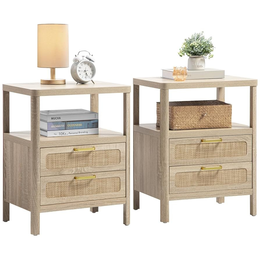 Nightstands Set of 2 - Rattan Night Stand Bedside Table with 2 Rattan Drawers, Open Storage Shelf... | Amazon (US)