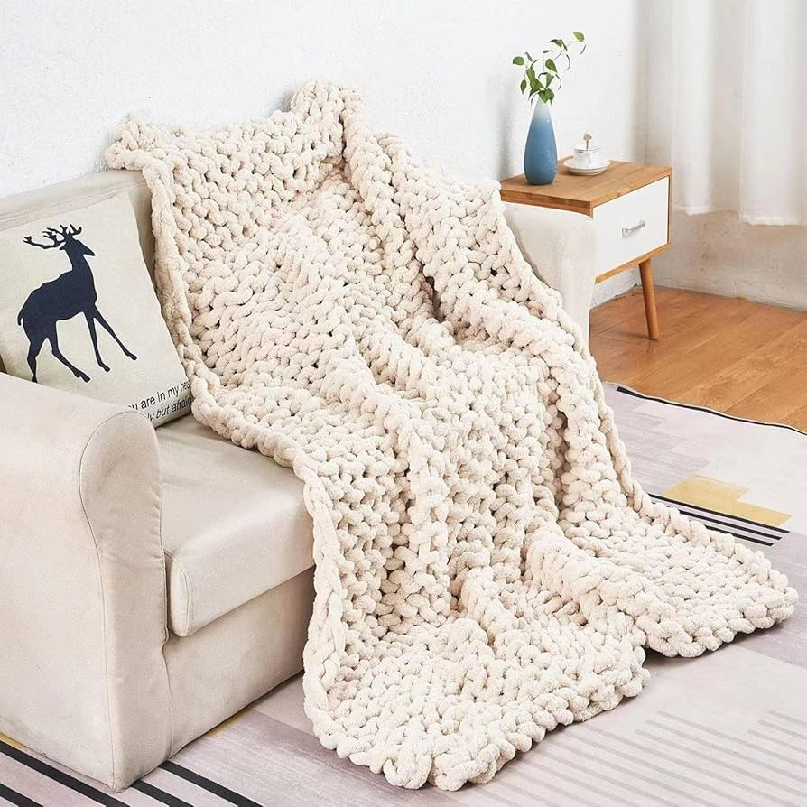 Chunky Hand-Knitted Throw Blanket, Soft and Warm, Tightly Woven Chenille Yarn, Suitable for Sofas... | Amazon (US)