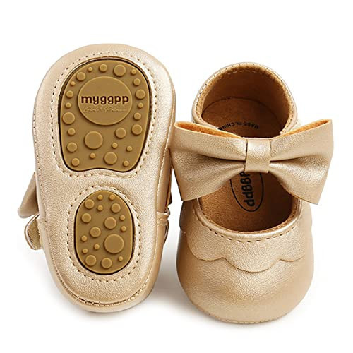 LAFEGEN Baby Girls Mary Jane Flats with Bownot Non Slip Soft Sole PU Leather Newborn Infant Toddler First Walker Cirb Dress Shoes, (07 Gold,0-6 Months Infant) | Amazon (US)