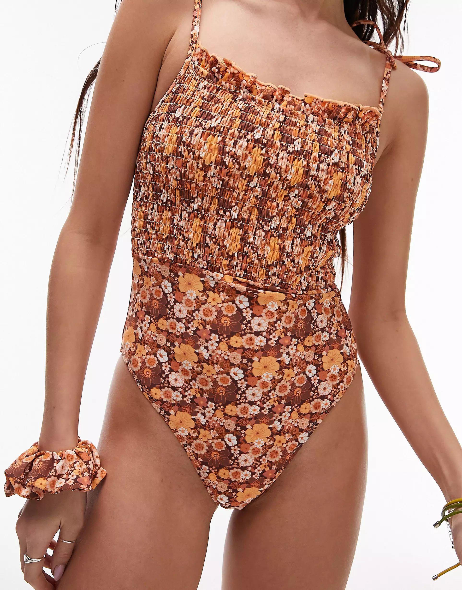 Topshop tie-shoulder shirred swimsuit in brown ditsy floral with matching scrunchie | ASOS | ASOS (Global)