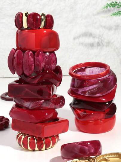 1pc Vintage Acrylic Asymmetrical Geometric Bangle Bracelet Set, Red Series, Suitable For Women's ... | SHEIN