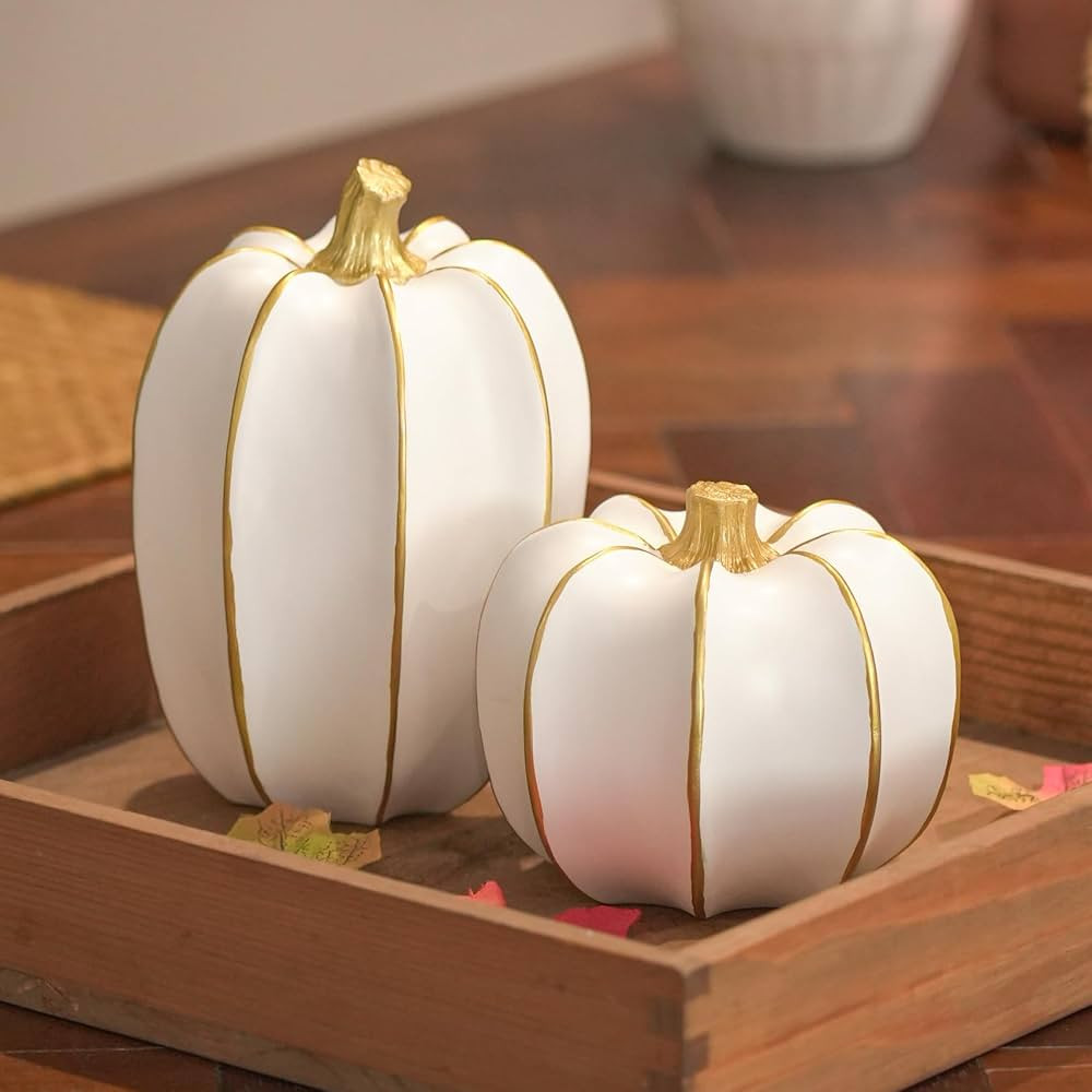 Fall Pumpkin Decor, 2 PCS Resin White and Gold Farmhouse Table Centerpiece, Thanksgiving Fake Pum... | Amazon (US)