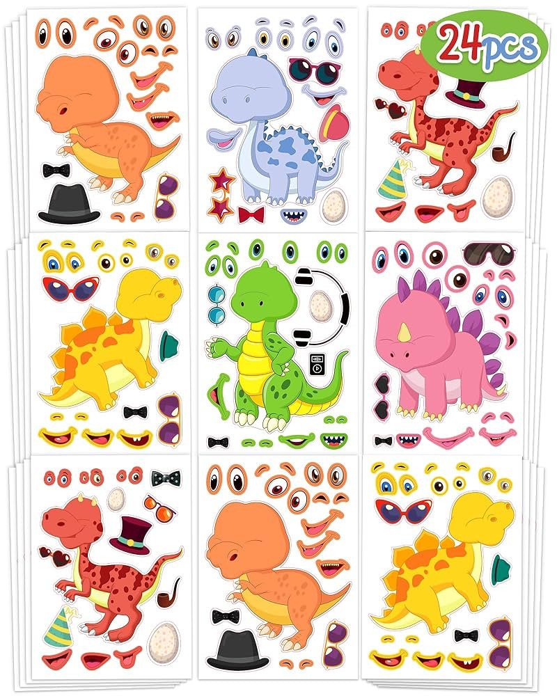24 Pcs Make Your Own Dinosaur Sticker Sheets, Dinosaur Party Favors Face Stickers for Kids Boys T... | Amazon (US)
