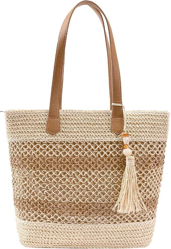 Straw Beach Tote Bag Women - 2026 Handwoven Summer Purse Handbag with Zipper Perfect for Vacation... | Amazon (US)