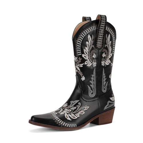 STALOV Black Cowboy Boots for Women Short Sparkly Cowgirl Boots Pointed Toe Embroidered Low Chunky Heel Western Ankle Boots Ladies Retro Pull On Glitter Country Booties | Amazon (US)